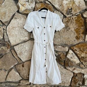 White Button-Down Belted Dress